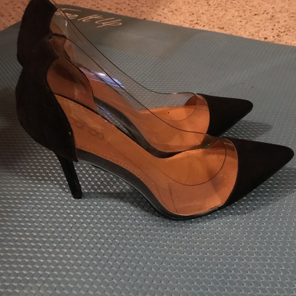 Black Pointed Suede Heels w/ Clear Detail